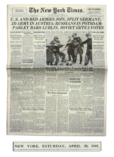 WWII ''New York Times'' Newspaper From 28 April 1945 -- The Day of Mussolini's Capture